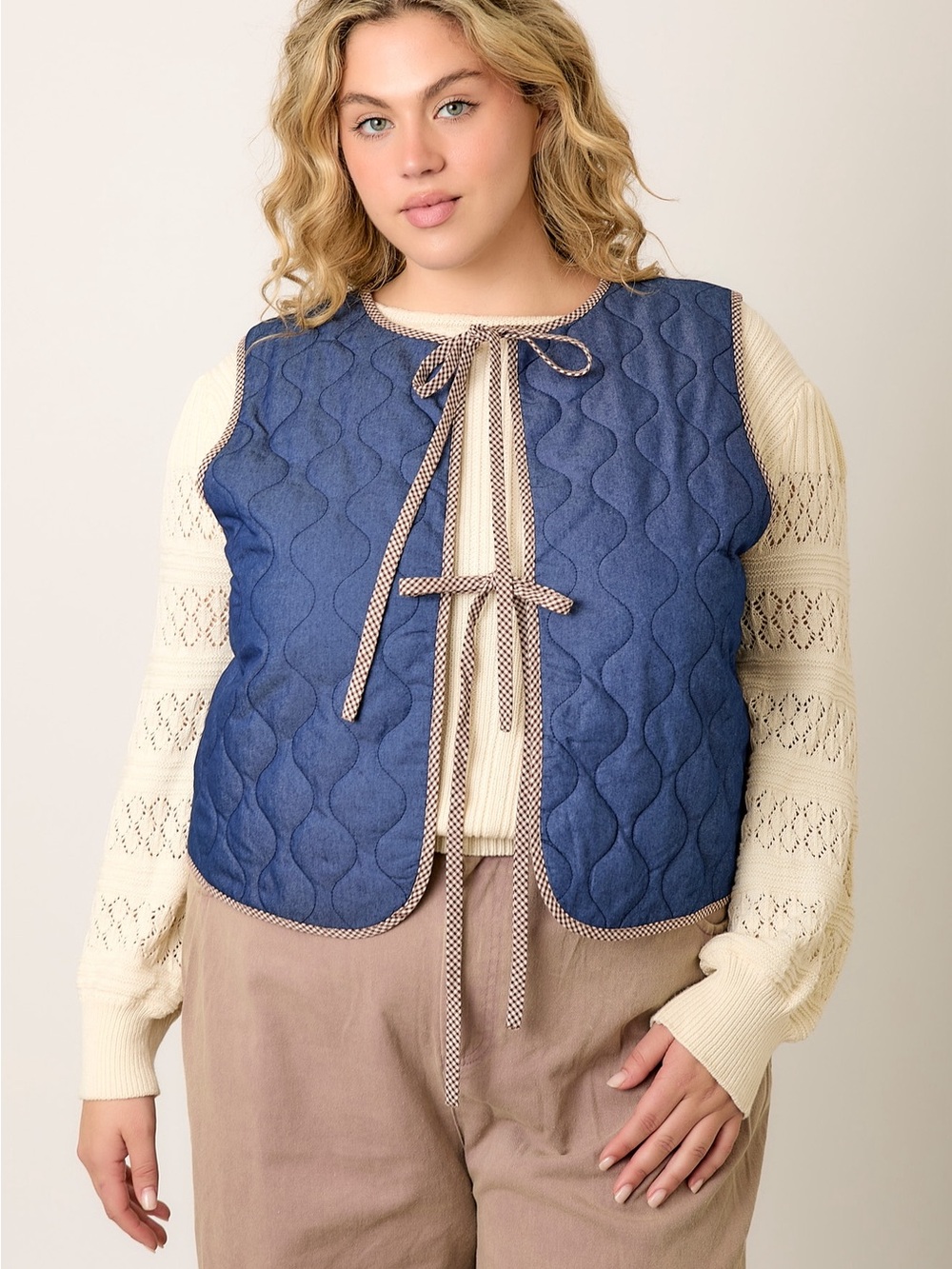 Polagram Blue Denim Quilted Padded Tie-Front Vest with Brown Gingham Trim